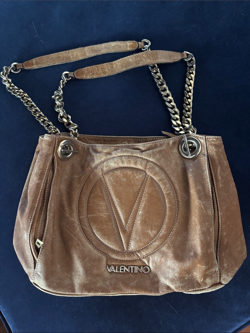 Valentino Brown Tan Leather Chain-Handle Shoulder Bag